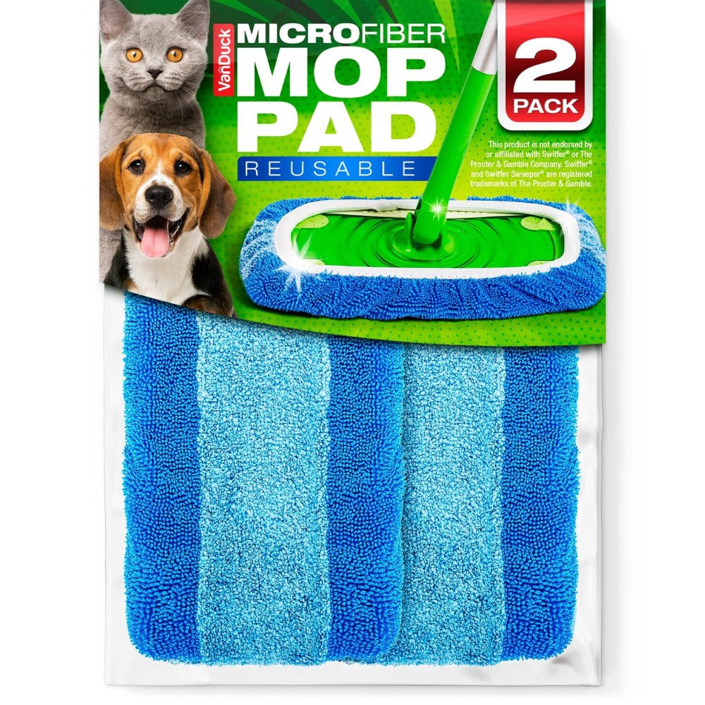 VanDuck Reusable Pet Heavy Duty Mop Pads Compatible with Swiffer Sweeper (2-Pack) - Washable Microfiber Mop Pads for Wet & Dry Use - All Purpose Floor Mopping and Cleaning Product