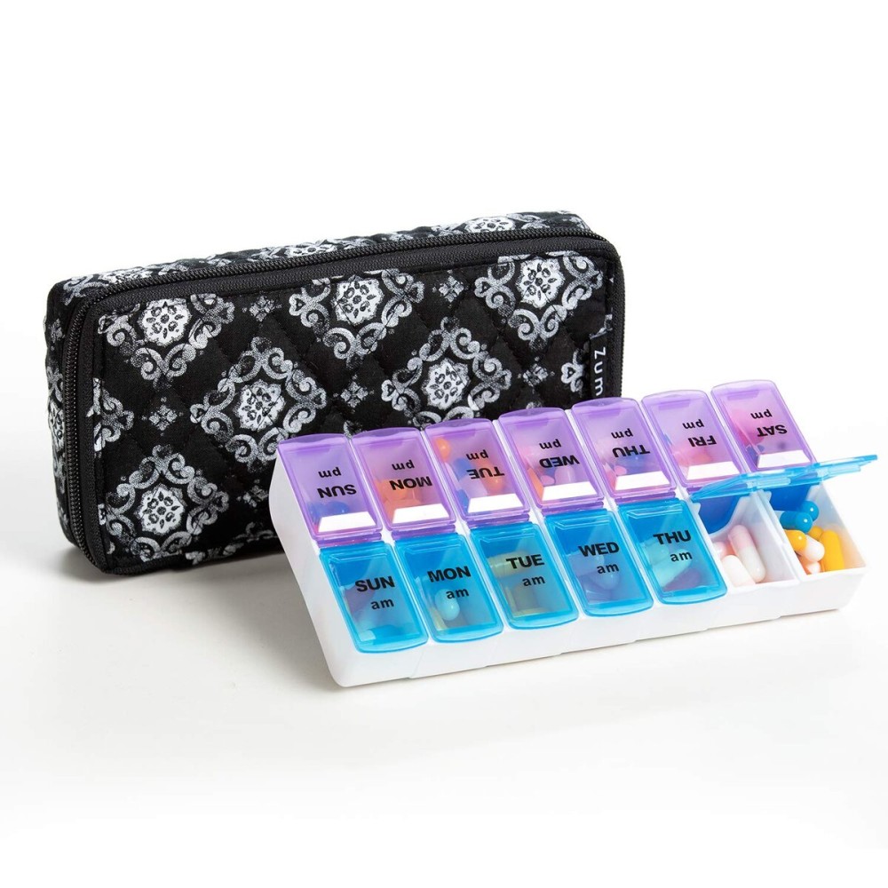 ZUMD Weekly 7 Day Pill Organizer Case 2 Times a Day (AM/PM), Large Portable Pill Box 7 Day for Vitamin Medicine, Pill Case with Quilted Fabric Zipper Cute Bag for Travel or Daily