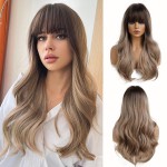Esmee 24 Light Brown Wig with Dark Brown Roots Long Wave Hair Wigs,Natural Heat Resistant Fibre Synthetic Wigs Cosplay Party