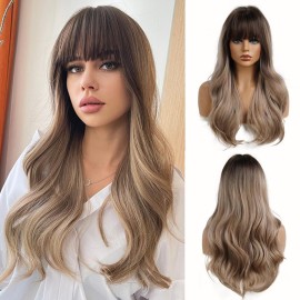 Esmee 24 Light Brown Wig with Dark Brown Roots Long Wave Hair Wigs,Natural Heat Resistant Fibre Synthetic Wigs Cosplay Party