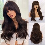 Esmee 24 Dark Brown Synthetic Natural Long Wave Wigs with Neat Bangs for Women