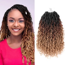 Faux Goddess Locs Crochet Hair 14 Inch Boho River Locs Hippie Wavy Crochet With Curly Hair In Middle And Ends Braids Hair Extensions (8Packs,14 inch, OM3T3027)