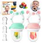 HAOBAOBEI Baby Fruit Feeder with with 2 Extra Teats, Toddler Eating Essentials, BPAFree Feeding Supplies, Silicone Fresh Food Feeder for Safe Infant Self Feeding (Bear- Blue Pink)