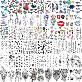 EGMBGM 66 Sheets 430+ PCS Cute Temporary Tattoos For Women Men Adults, Watercolor Butterfly Flower Lavender Fake Tattoo Stickers Kids Boys Girls, Black Star Animals Space Temp Tattoos Dragon Wolf Lion