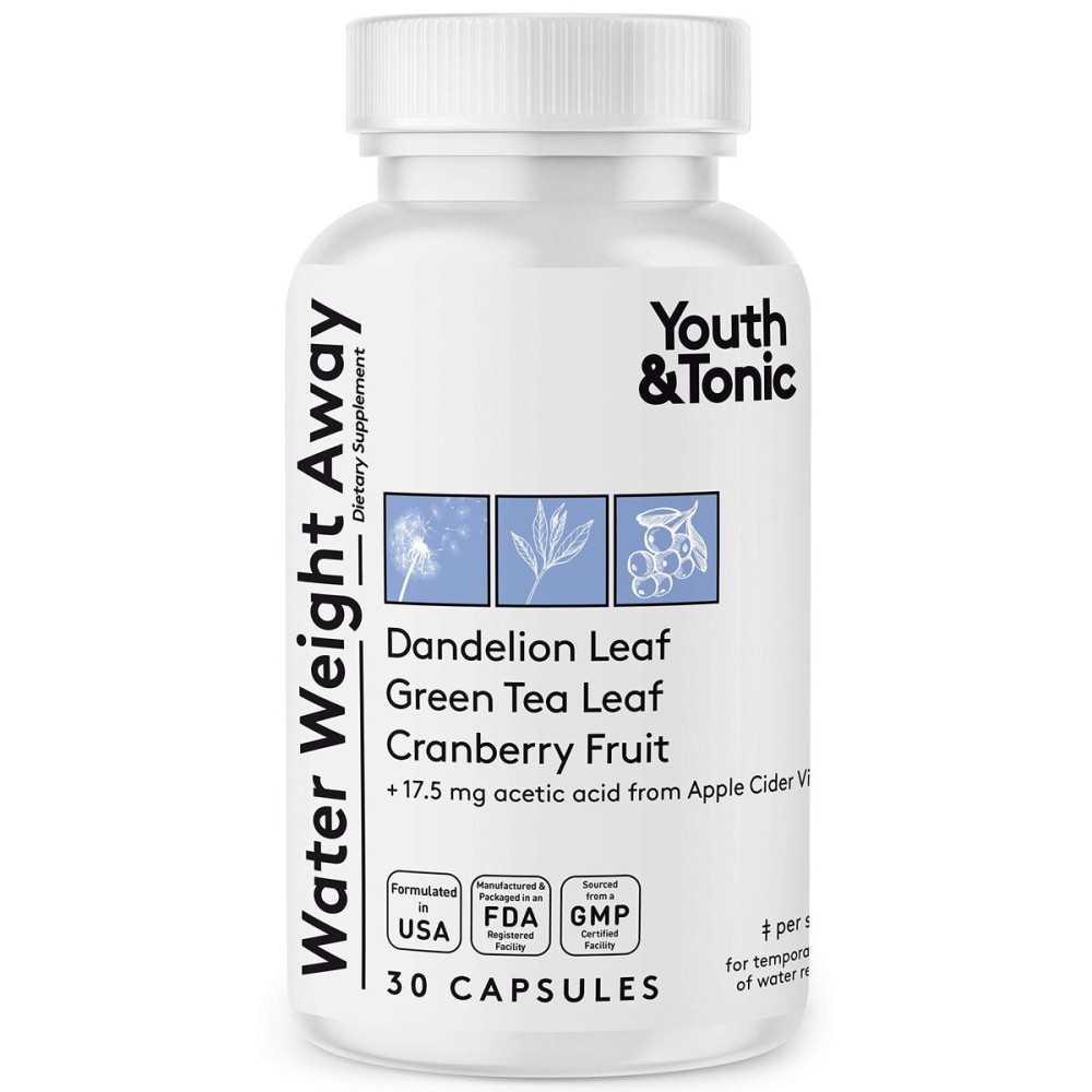 Youth & Tonic Water Weight Away - Herbal Diuretic Pills for Water Retention, Swelling & Belly Bloating Support - Supports Fluid Balance with Potassium & Vitamin B6 - 30 Capsules for Women & Men