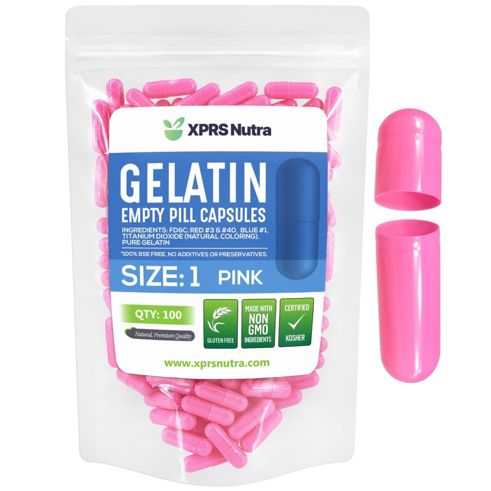 XPRS Nutra Size 1 Empty Capsules - 100 Count Empty Gelatin Capsules - Pills for DIY Capsule Filling - Pure Bovine Pill Gel Caps for Do-It-Yourself Supplements (Pink)