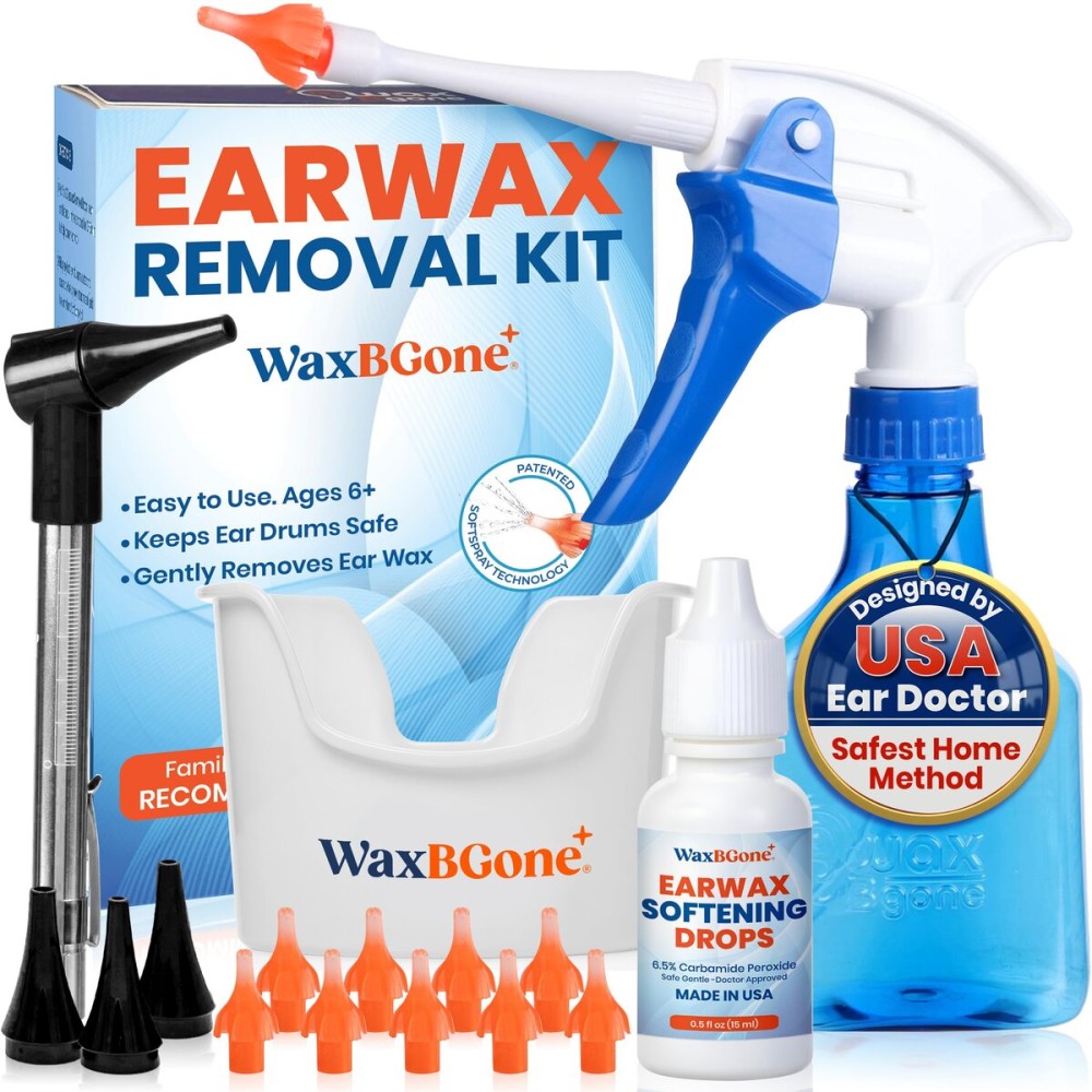 WaxBGone Ear Wax Removal Kit with Otoscope, Earwax Drops, SoftSpray Irrigation Tips, 4X High Output Spray Bottle & Ear Wash Basin - Safe, Fast, Gentle Home Ear Cleaning System for Adults & Kids