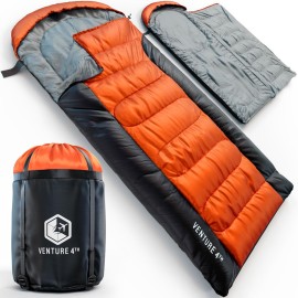 VENTURE 4TH 3-Season XXL Backpacking Sleeping Bag, Camping Sleeping Bags for Adults & Kids - Lightweight, Comfortable, Water Resistant, Ideal for Hiking, Camping & Outdoor - Orange/Gray