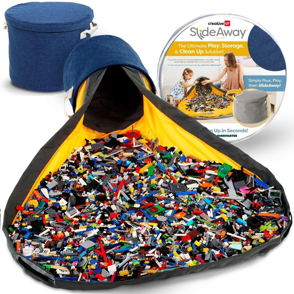 Creative QT SlideAway Toy Storage Organizer & Extra Large 52 Play Mat, Collapsible Storage Bins for Building Bricks, Small Blocks, Toys, Drawstring Cleanup for Kids Playroom & Classroom, Blue