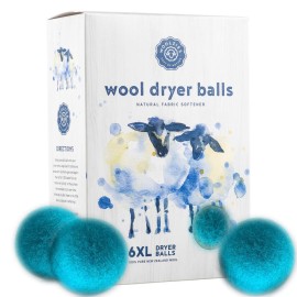 Woolzies Wool Dryer Balls Organic Big Wool Spheres Best Fabric Softener | 6-Pack XL Dryer Balls for Laundry is Made with New Zealand Wool | Use Laundry Balls for Dryer with Essential Oils (Blue)