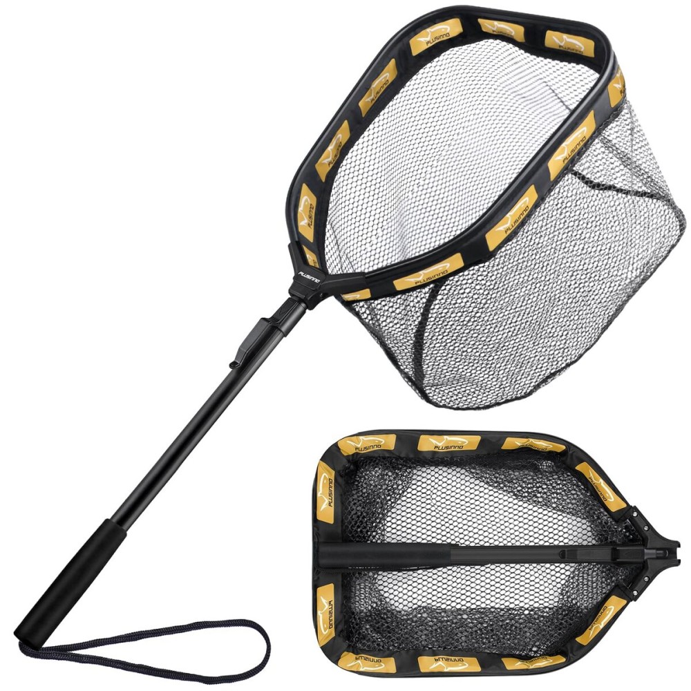 PLUSINNO Floating Fishing Net for Steelhead, Salmon, Fly, Kayak, Catfish, Bass, Trout Fishing, Rubber Coated Landing Net for Easy Catch & Release, Compact & Foldable for Easy Transportation & Storage