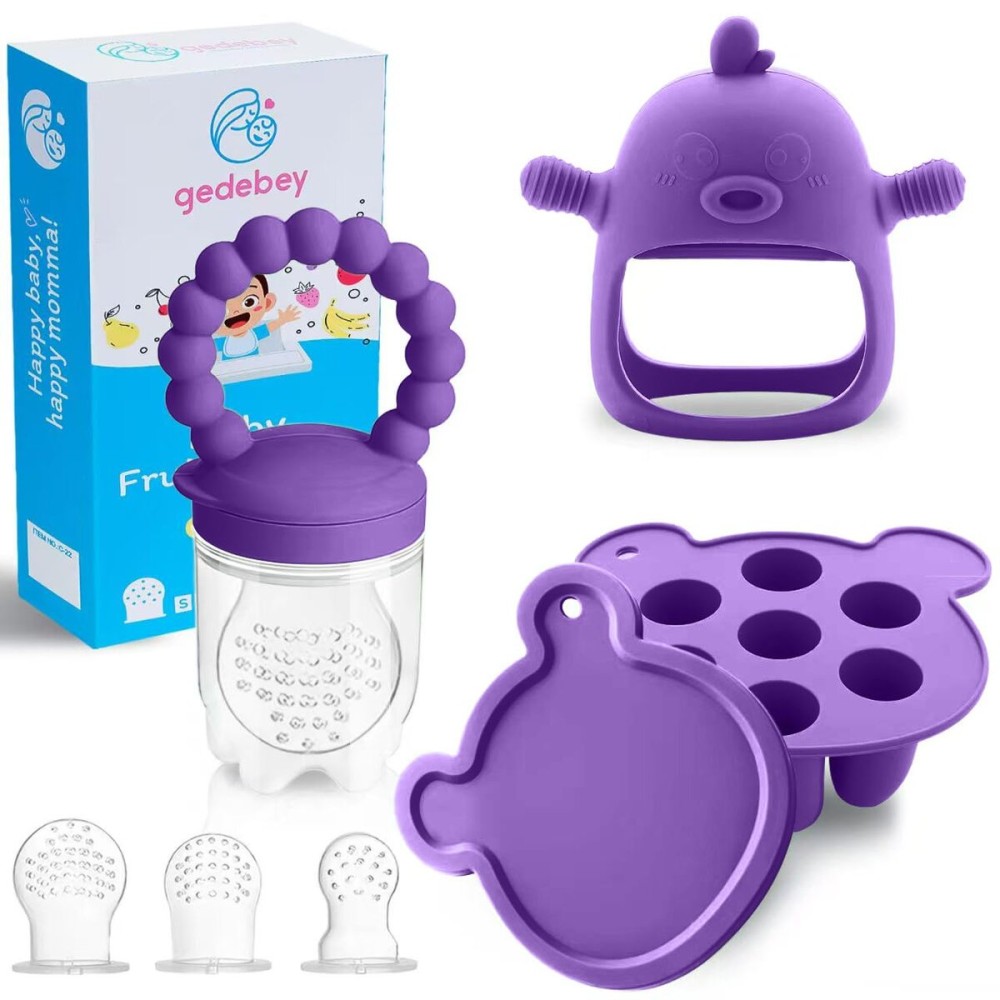 Baby Fruit Food Feeder Breastmilk Popsicle Molds for Teething Relief - 3 Pack Feeding Sets - 1 Freezer Tray with Lid & 1 Teether & 1 Silicone Pacifier + 3 Extra Sizes Infant Feed Mesh (Purple)