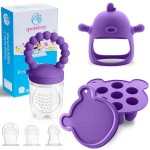 Baby Fruit Food Feeder Breastmilk Popsicle Molds for Teething Relief - 3 Pack Feeding Sets - 1 Freezer Tray with Lid & 1 Teether & 1 Silicone Pacifier + 3 Extra Sizes Infant Feed Mesh (Purple)