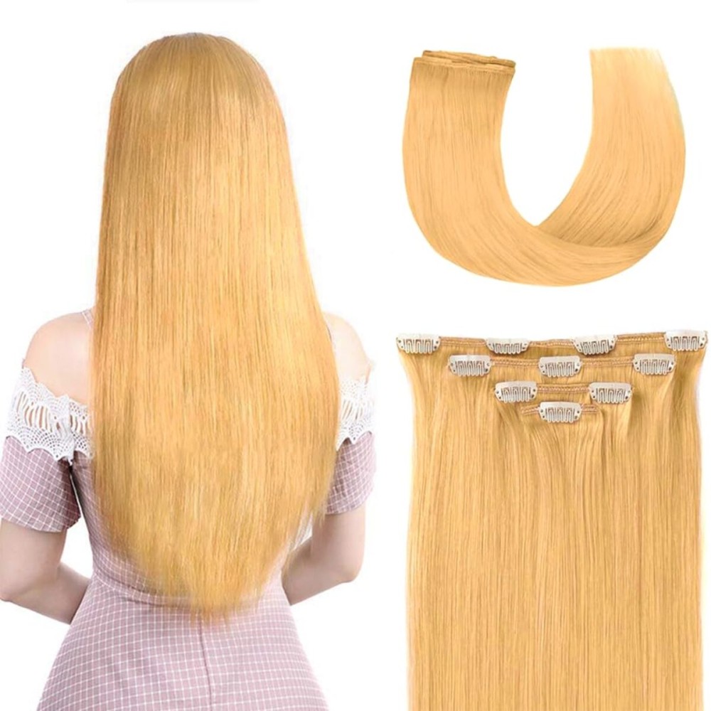 14 Hair Extensions Clip in Human Hair for Women Beauty - Silky Straight Human Hair Clip on Extensions 50grams 4pieces Natural Blonde 24 Color