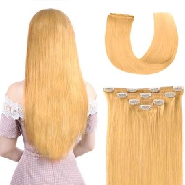 14 Hair Extensions Clip in Human Hair for Women Beauty - Silky Straight Human Hair Clip on Extensions 50grams 4pieces Natural Blonde 24 Color