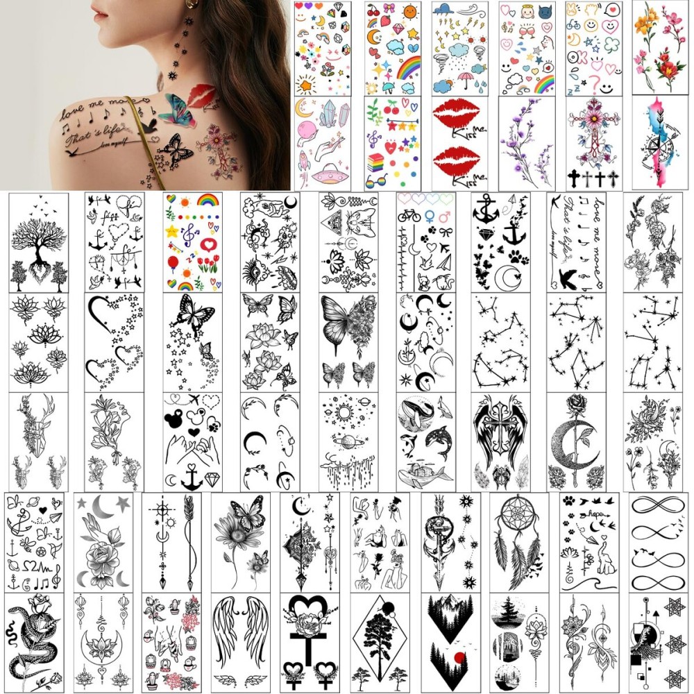 Yazhiji 60 Sheets Tiny Waterproof Temporary Tattoos, Moon Stars Constellations Music Compass Anchor Words Lines Flowers for Kids Adults Men and Women