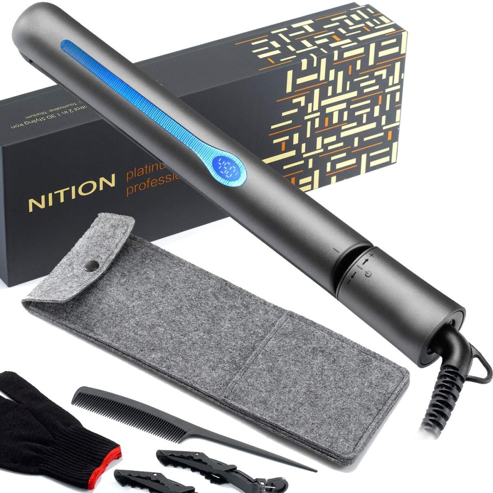 NITION Ceramic Tourmaline Hair Straighteners LCD Flat Iron MCH 10s Fast Heating Up. 1 Smooth 3D Floating Plate Healthy Straightening Tools. Travel Pouch Bag. Dual Voltage. Luxury Gift Box. Black