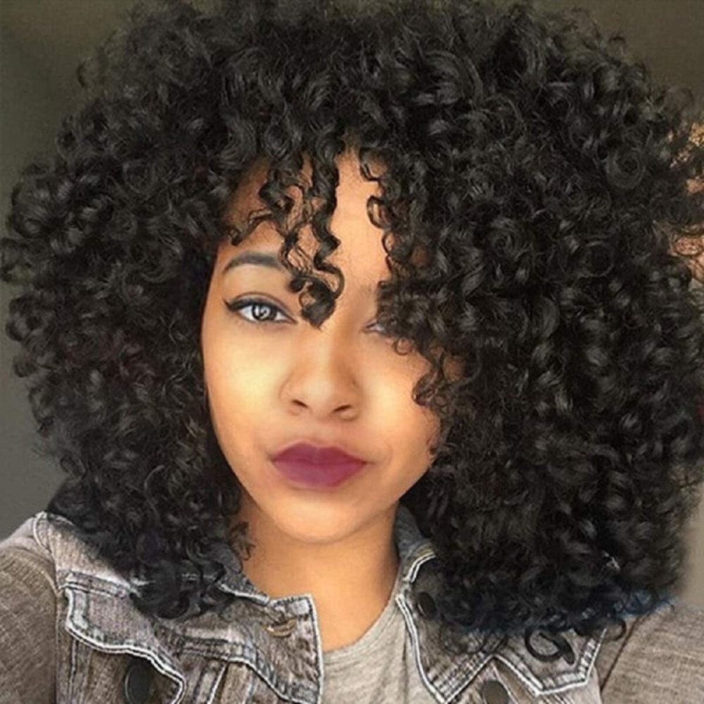 YEAME Curly Wigs for Black Women - Afro Curly Wig with Bangs, Natural Black, Heat Resistant, 15 Full Wig, 150% Density, Glueless, 1 Count