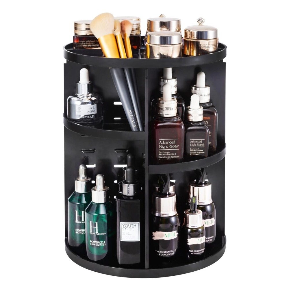 seinlife 360 Rotating Makeup Organizer,DIY Adjustable Spinning Holder,Foldable Cosmetic Storage Display box,Large Capacity Make up Caddy Shelf,Fits Countertop Vanity and Bathroom (BLACK)