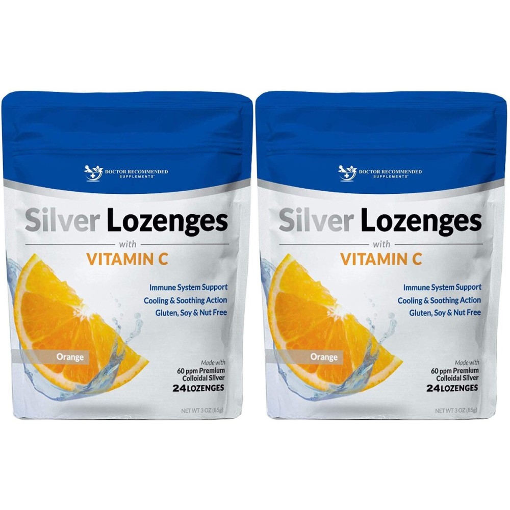 Silver Lozenges with Vitamin C - Premium Nano Silver 60 PPM Colloidal Silver, Organic Honey and Vitamin C Mineral Supplement Drops to Support Immune System, Soothe Cough & Throat - Pack of 2