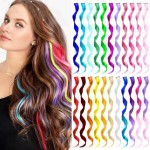 TOFAFA Colored Hair Extensions Curly Wavy Accessories for Girls Women,Multi-colors Party Highlights Clip in Synthetic Rainbow Hairpiece for Kids Christmas Favors Gift(22 PCS Colorful)