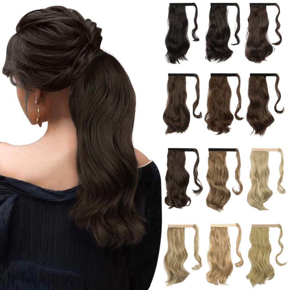 Sofeiyan Curly Ponytail Extension 15 Inch Heat Resistant Synthetic Natural Wavy Hairpiece Wrap Around Pony Tail Hair Extensions for White Black Women Hair Piece, Chocolate Brown