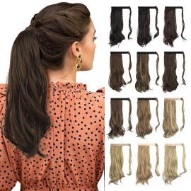 Sofeiyan Curly Ponytail Extension 15 Inch Heat Resistant Synthetic Natural Wavy Hairpiece Wrap Around Pony Tail Hair Extensions for White Black Women Hair Piece, Darkest Brown/Light Auburn Mix