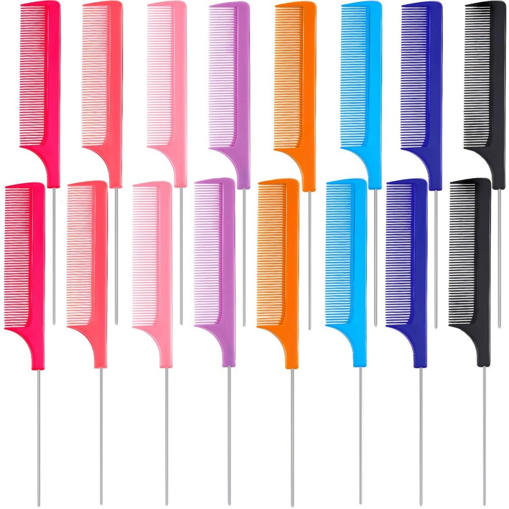 16 Pcs Rat Tail Comb Parting Rattail Comb Foiling Steel Pin Fine Tooth Fiber Heat Resistant Teasing Pintail Combs Women(Orange, Rose Red, Red, Light Blue, Purple, Dark Blue, Light Pink and Black)