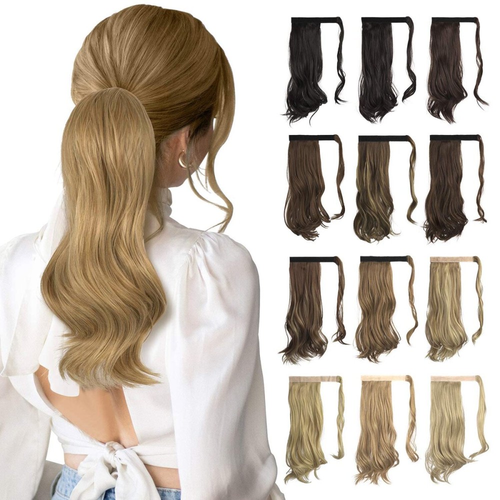 Sofeiyan Curly Ponytail Extension 15 Inch Heat Resistant Synthetic Natural Wavy Hairpiece Wrap Around Pony Tail Hair Extensions for White Black Women Hair Piece, Cameral Blonde/Bleach Blonde Mix