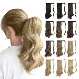 Sofeiyan Curly Ponytail Extension 15 Inch Heat Resistant Synthetic Natural Wavy Hairpiece Wrap Around Pony Tail Hair Extensions for White Black Women Hair Piece, Light Ash Brown & Bleach Blonde