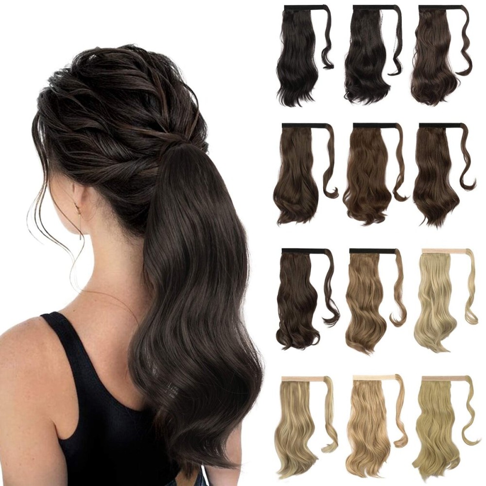 Sofeiyan Curly Ponytail Extension 15 Inch Heat Resistant Synthetic Natural Wavy Hairpiece Wrap Around Pony Tail Hair Extensions for White Black Women Hair Piece, Dark Brown