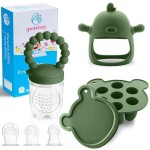 Baby Fruit Food Feeder Breastmilk Popsicle Molds for Teething Relief - 3 Pack Feeding Sets -1 Freezer Tray with Lid & 1 Teether & 1 Silicone Pacifier + 3 Extra Sizes Infant Feed Mesh (Olive Green)