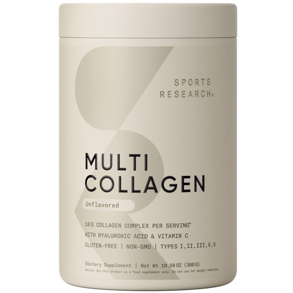 Sports Research Multi Collagen Protein Powder - Food Sourced Collagen Peptides (Type I, II, III, V, X) with Hyaluronic Acid + Vitamin C - Gluten Free  Non-GMO  30 Servings (Unflavored)