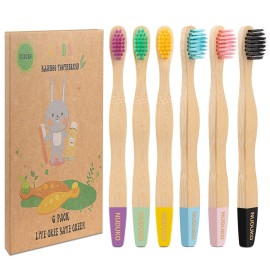 NUDUKO Kids Toothbrush Bamboo Toothbrushes 6 Pack - Organic Compostable Tooth Brush Wooden Baby Toddler Toothbrush, Eco-Friendly Natural Biodegradable Soft Bristle Toothbrush for Children