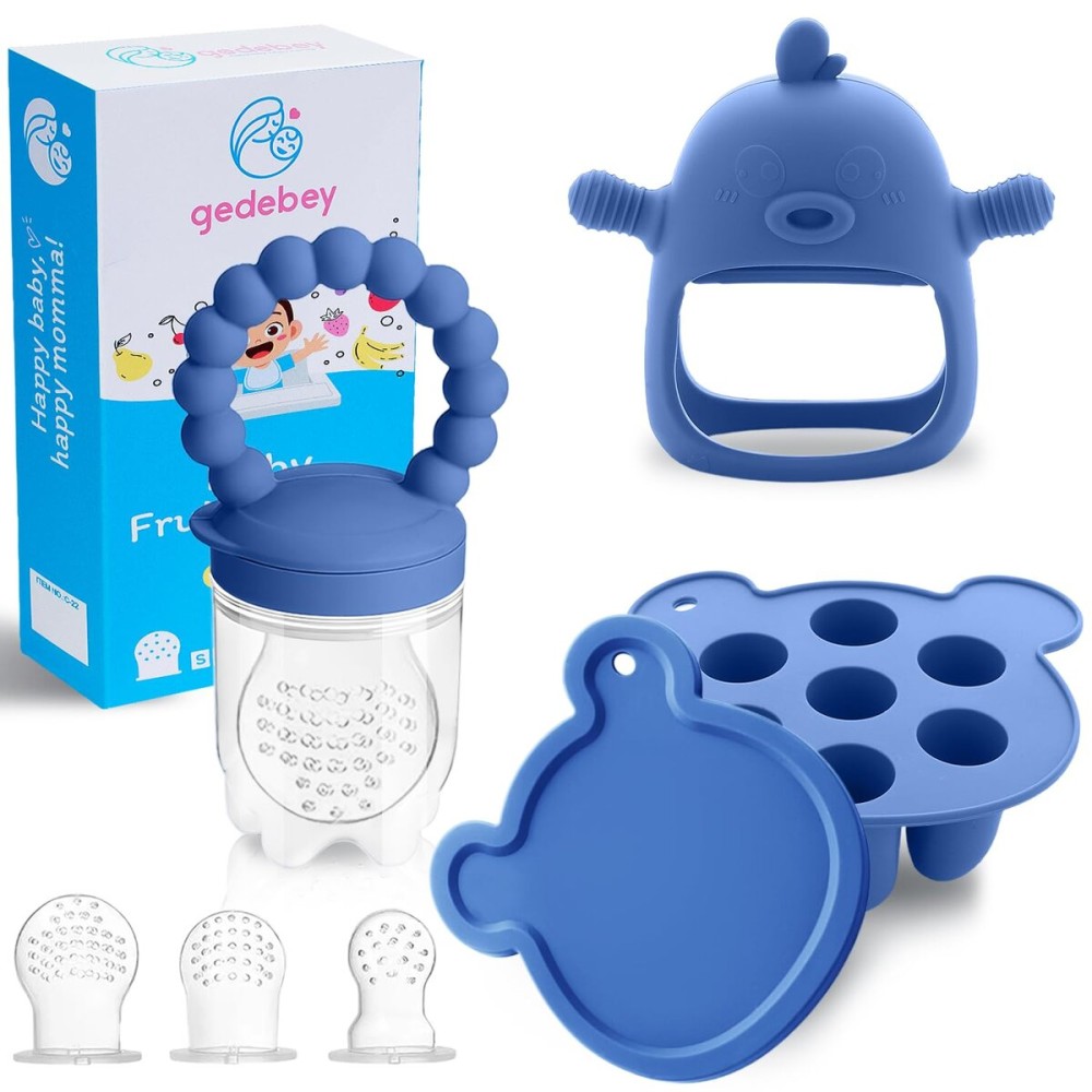 Baby Fruit Feeder & Breastmilk Popsicle Mold Set - 3 Pack Silicone Teething Relief Kit with Food Feeder Pacifier, Freezer Tray with Lid & Baby Teether (Steel Blue)