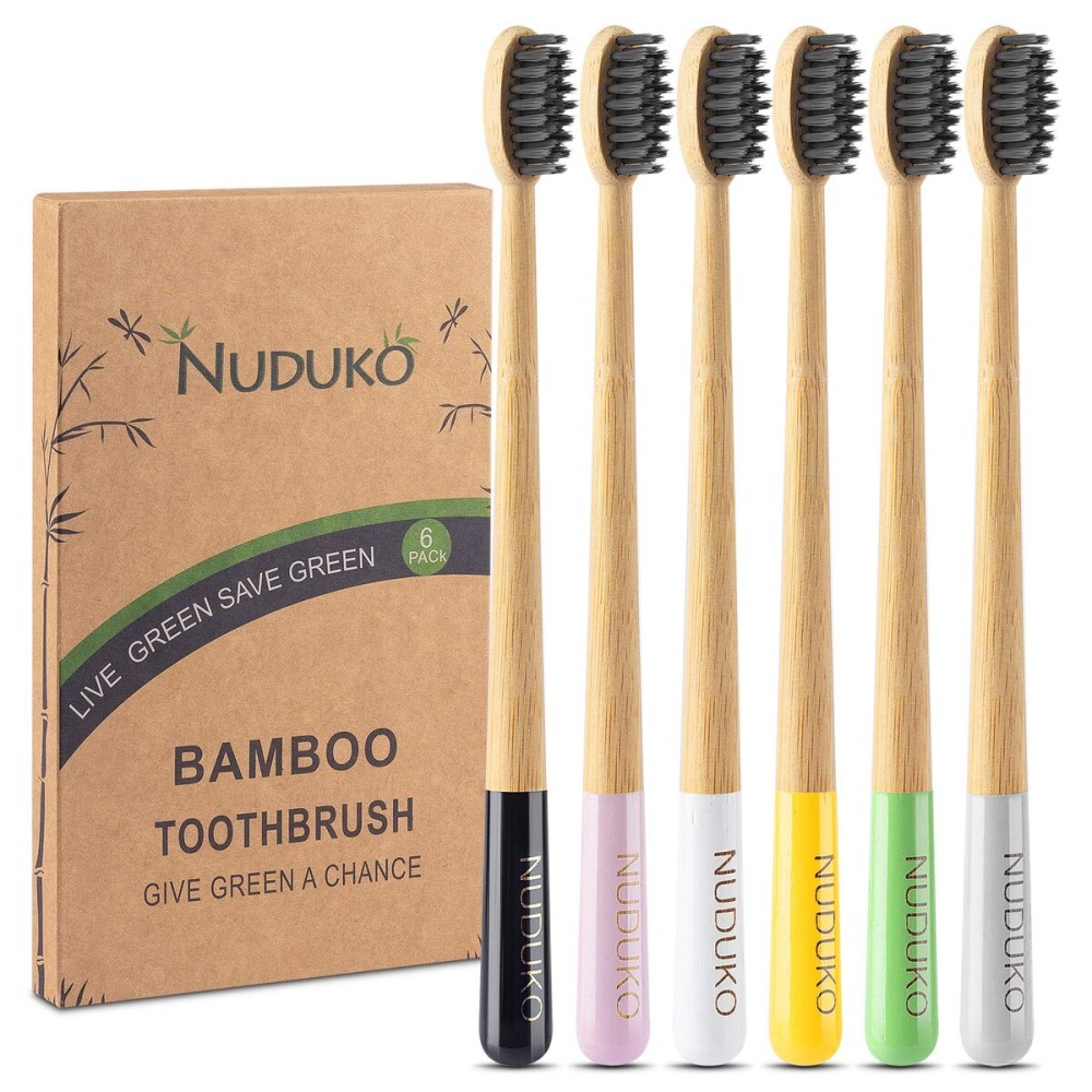 NUDUKO Biodegradable Charcoal Toothbrush Bamboo Toothbrushes - 6 Pack Eco-Friendly, Natural Wooden Tooth Brush, BPA Free Travel Size Organic Soft Bristle Toothbrushes for Adults, Cone Handle