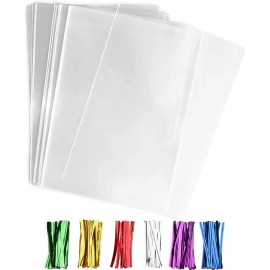 50 pcs Clear 10 x 13 Flat Cello Cellophane Bags Poly Treat Bags 2.8 mils for Gift Wrapping, Bakery, Cookie, Candies, Toast, Dessert, Party Favors Packaging with Color Twist Ties