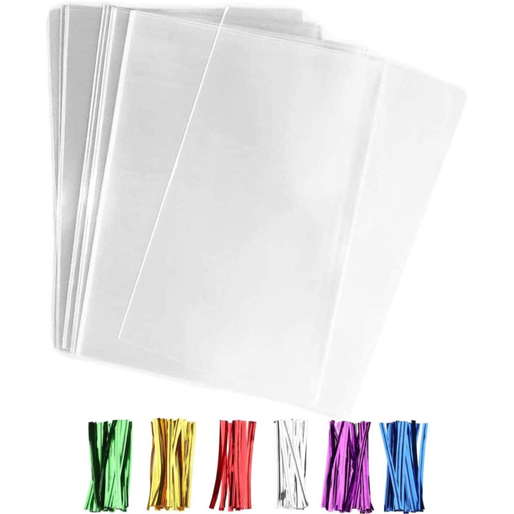 Nobranded 200 pcs Clear 5 x 7 Flat Cello Cellophane Bags Poly Treat Bags 2.8 mils for Gift Wrapping, Bakery, Cookie, Candies, Toast, Dessert, Party Favors Packaging with Color Twist Ties!