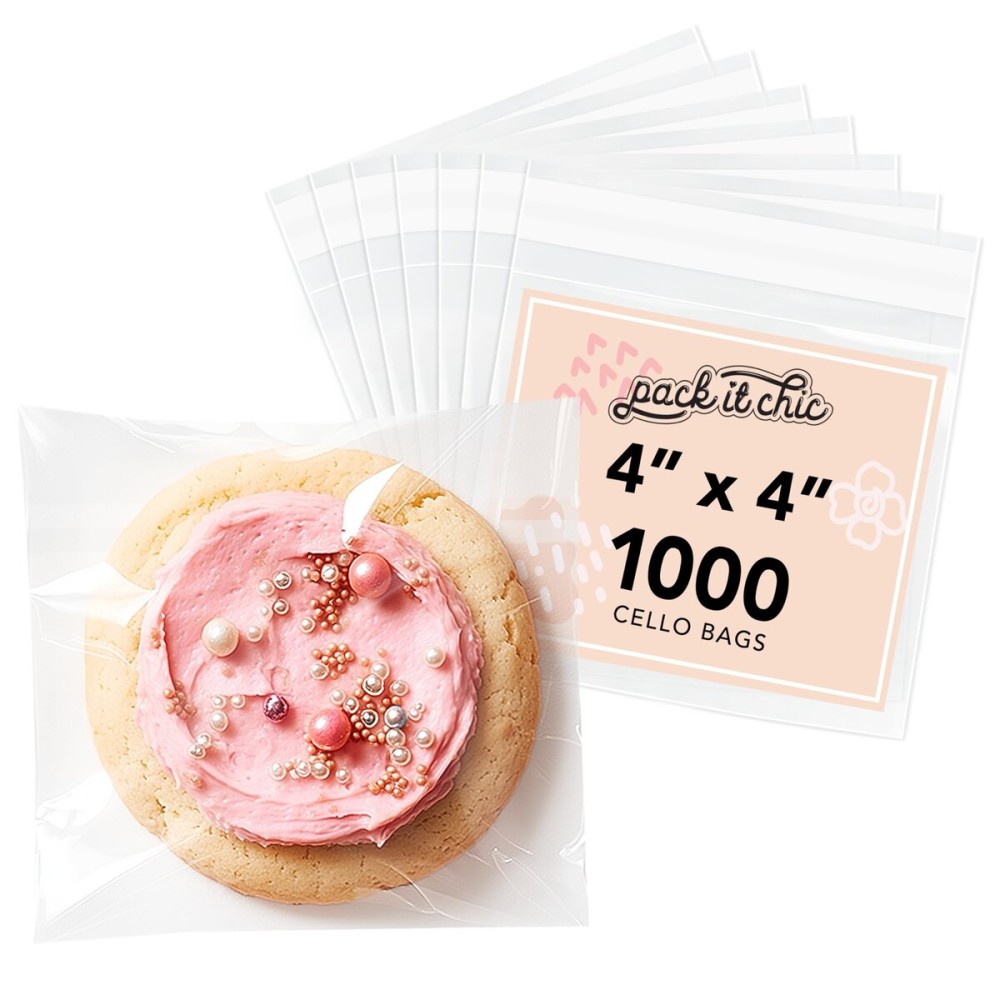 Pack It Chic - 4 X 4 Clear Self Sealing Cellophane Bags (1000 Pack) - Cookie Bags With Resealable Adhesive for Baked Goods Packaging, Candy, Treats, Bakery, Party Favors