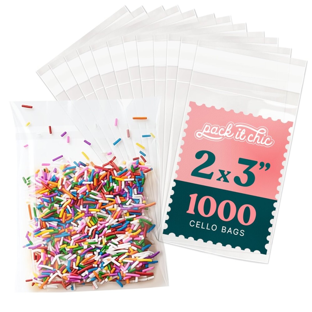 Pack It Chic - 2 X 3 Self Sealing Cellophane Bags (1000 Pack) - Cookie Bags With Resealable Adhesive for Baked Goods Packaging, Candy, Small Treats, Bakery, Party Favors