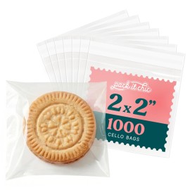 Pack It Chic - 2 X 2 Self Sealing Cellophane Bags (1000 Pack) - Cookie Bags With Resealable Adhesive for Baked Goods Packaging, Candy, Small Treats, Bakery, Party Favors