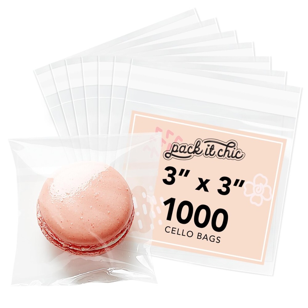 Pack It Chic - 3 X 3 Clear Self Sealing Cellophane Bags (1000 Pack) - Cookie Bags With Resealable Adhesive for Baked Goods Packaging, Candy, Small Treats, Bakery, Party Favors