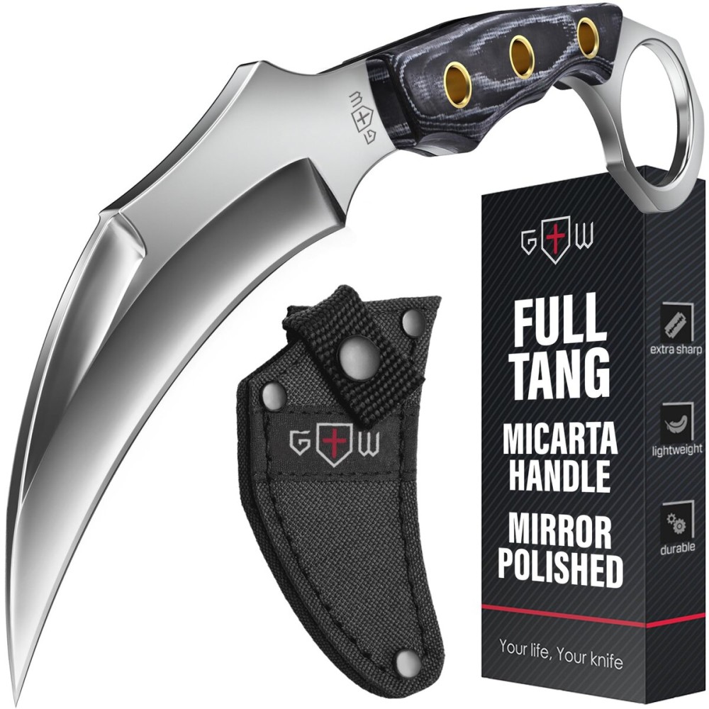 Tactical Karambit Knife with Sheath - Micarta Handle - Fixed Mirror Polished 440C Steel Blade - Small Karambits for Camping Hunting Survival EDC for Men and Women - Fathers Day Gift 2534