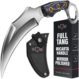 Tactical Karambit Knife with Sheath - Micarta Handle - Fixed Mirror Polished 440C Steel Blade - Small Karambits for Camping Hunting Survival EDC for Men and Women - Fathers Day Gift 2534