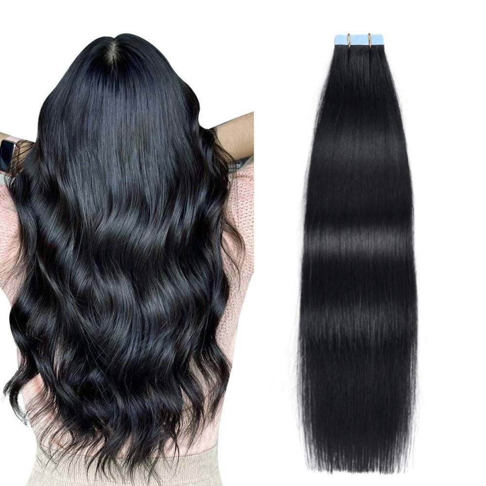 SUYYA Tape in Hair Extensions Human Hair Jet Black 100% Real Human Hair 12 inches 20pcs 40g/pack Straight Seamless Skin Weft Tape in Hair Extensions(12 inches 1 Jet black)