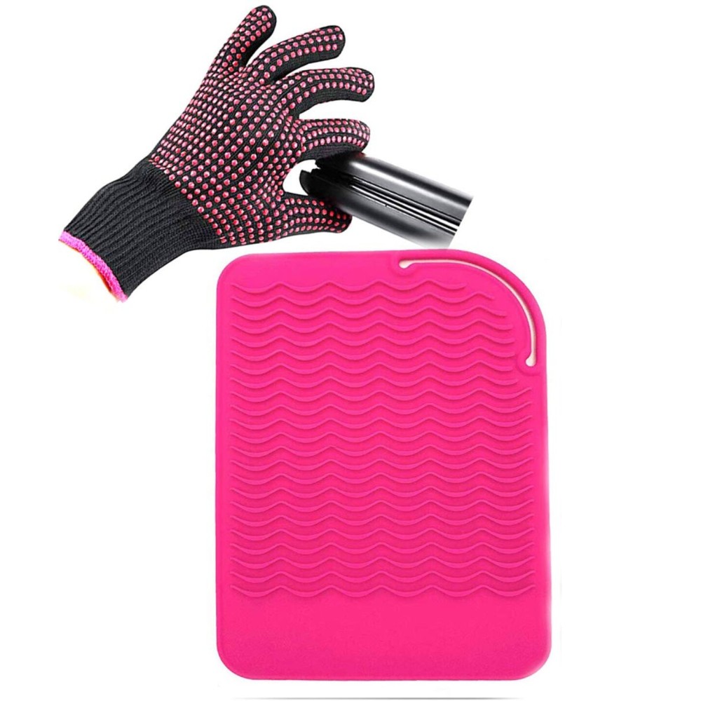 Heat Resistant Glove with Heat Resistant Mat for Curling Iron, Hair Straightener, Flat Irons, Silicone Bump Glove, 9 x 6.5 Food Grade Silicone Mat, Pink