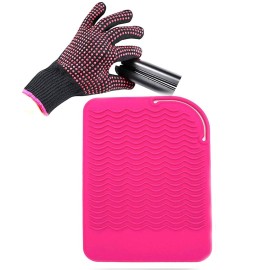 Heat Resistant Glove with Heat Resistant Mat for Curling Iron, Hair Straightener, Flat Irons, Silicone Bump Glove, 9 x 6.5 Food Grade Silicone Mat, Pink