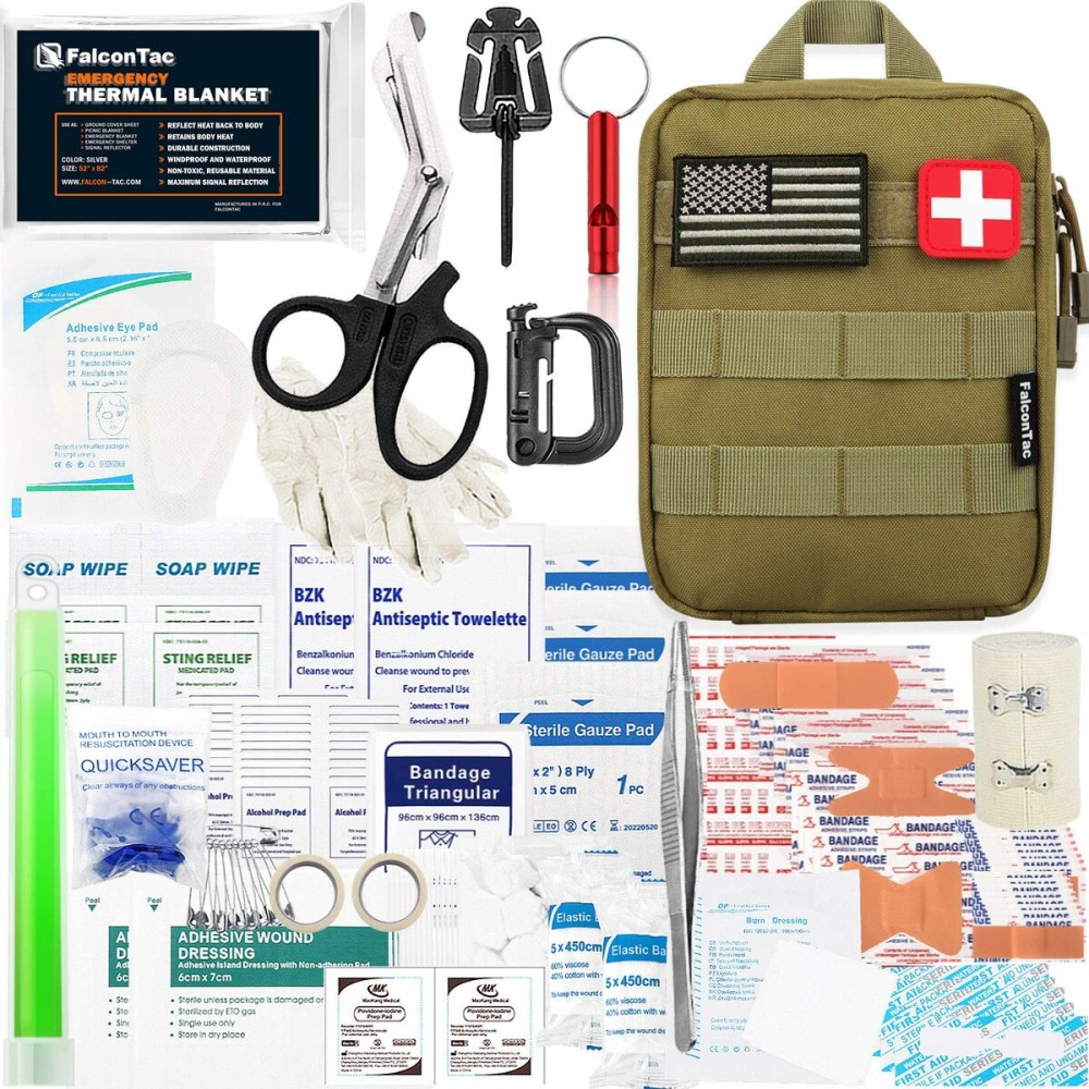 FalconTac 200 Pieces First Aid Kit IFAK Survival Kit Molle System Compatible Pouch, Emergency Kit Gift for Men, Dad, Husband, for Outdoor, Camping, Hunting, Hiking, Home, Earthquake, Disasters Tan
