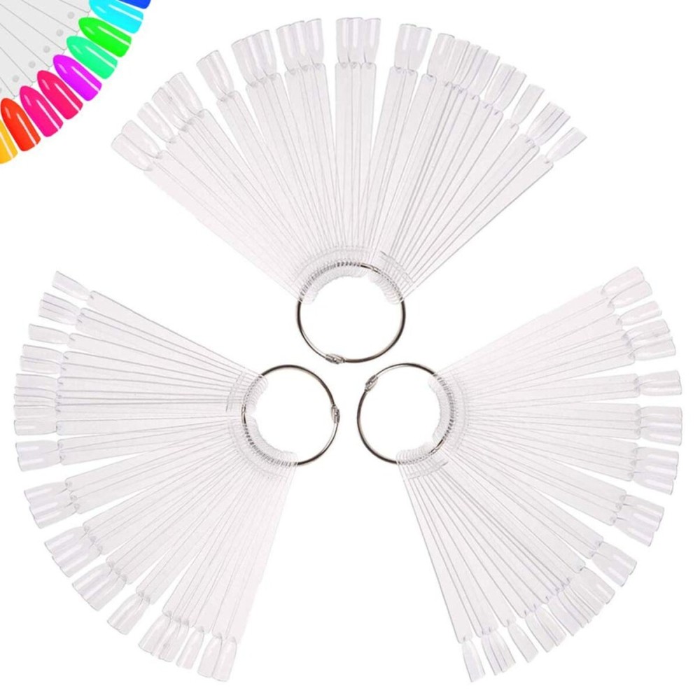 150 Pcs Clear Nail Swatch Sticks with Ring, Fan Shape Nail Art Polish Display Tips, False Nail Sample Sticks, Nail Practice Color Display, Transparent Polish Board for Nails