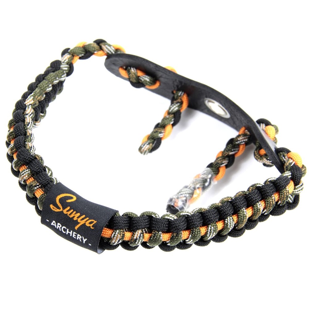 SUNYA Archery Bow Wrist Sling, 550 Paracord Strap Comfortable on Hand.100% Full Grain Leather Yoke, Multiple Camo Colors.Fit Compound Bow Stabilizer & Recurve. (Orange Stripe with Black Green Camo 15)
